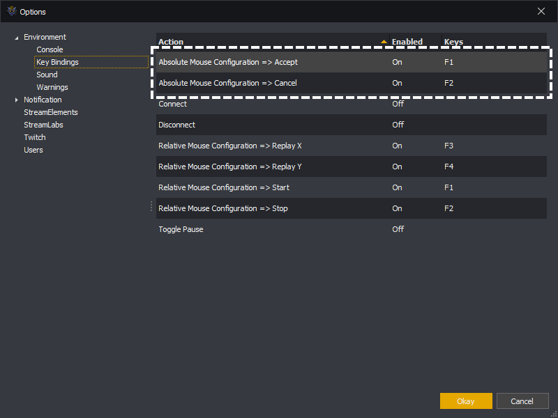 InstructBot options showing the absolute mouse configuration key bindings.