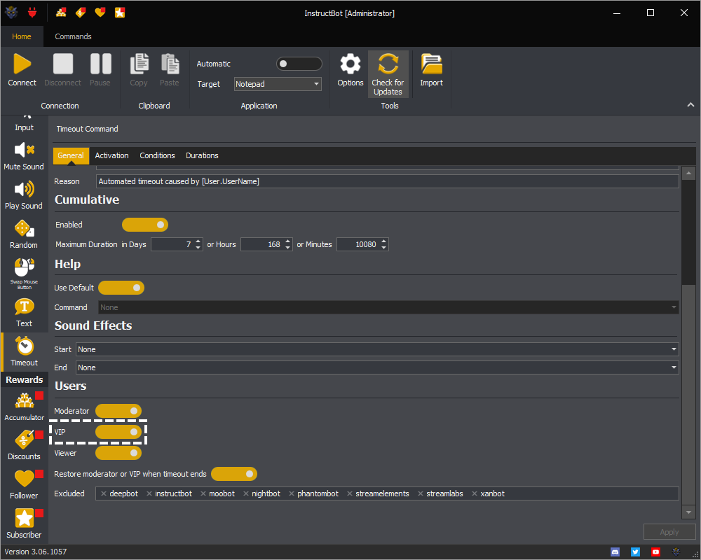 InstructBot timeout command showing how to enable VIP timeout.