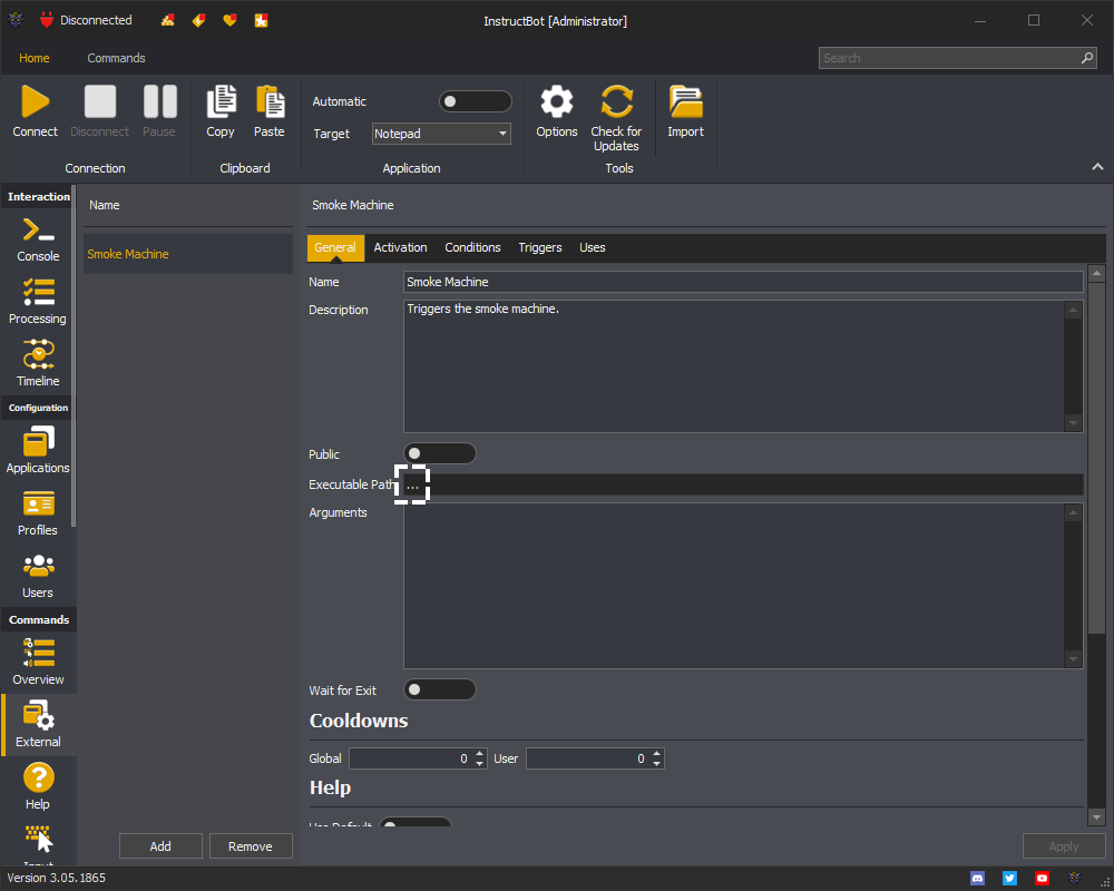 InstructBot showing the select executable path button of the command.