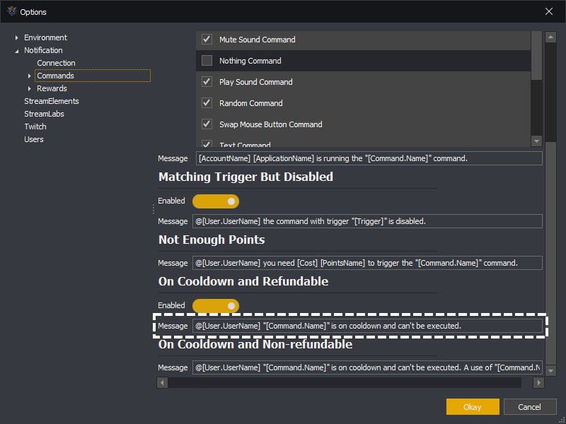 InstructBot options showing the command on cooldown and refundable message template.