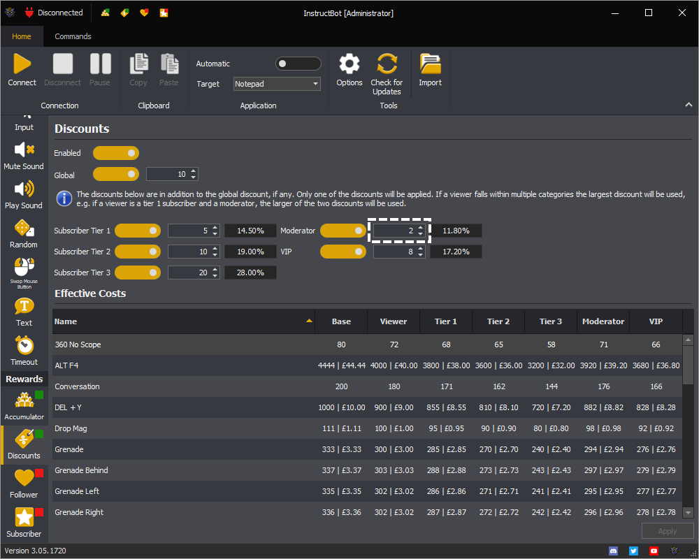 InstructBot rewards screen showing an example of the moderator discount amounts.