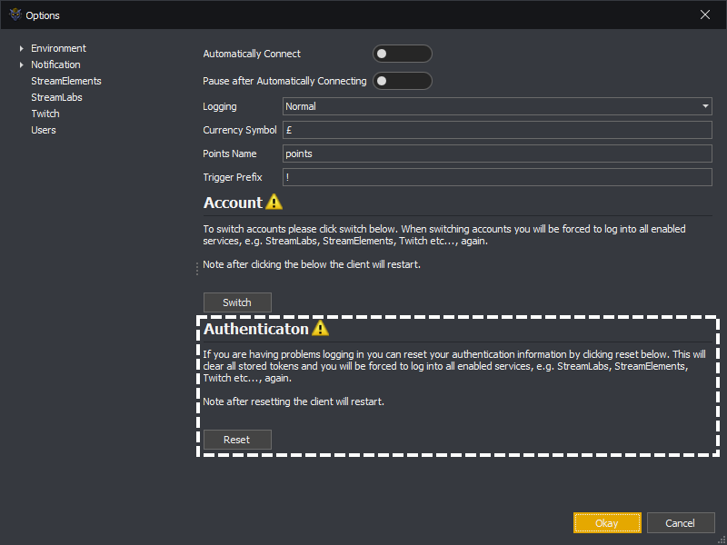 InstructBot options screen showing how to clear your authenticating information.