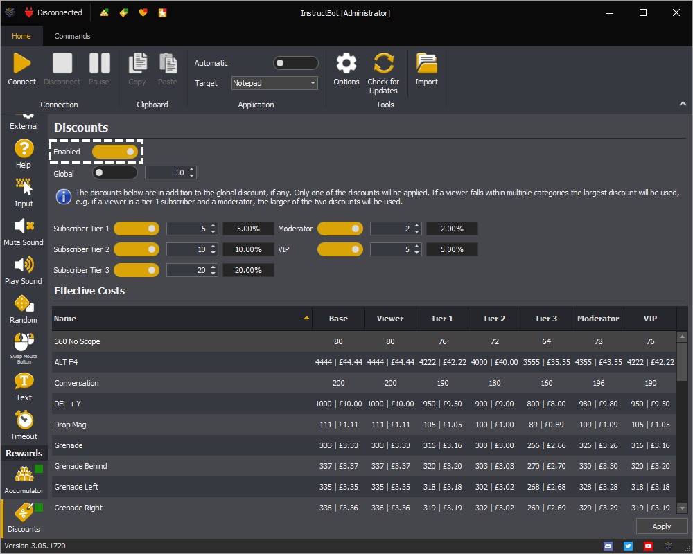 InstructBot rewards screen showing how to enable the discounts.