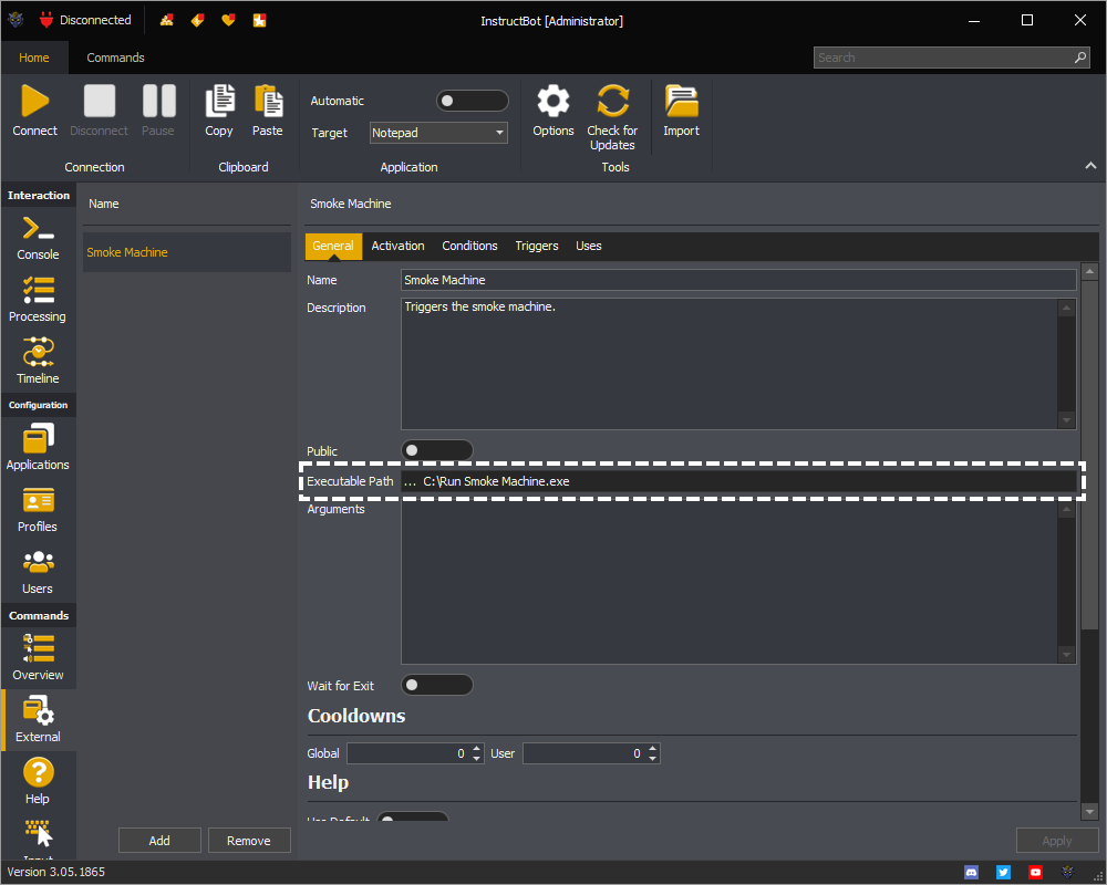 InstructBot showing the an example of a selected executable path of the command.