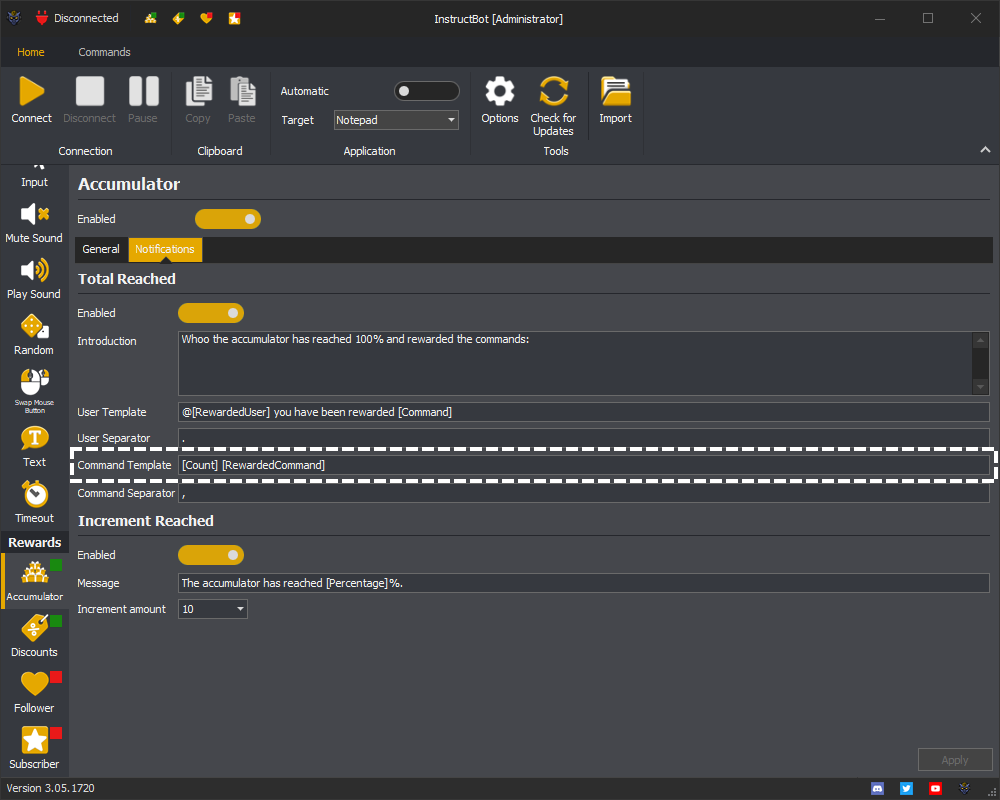 Example showing the total reached notification command template for the accumulator in InstructBot.