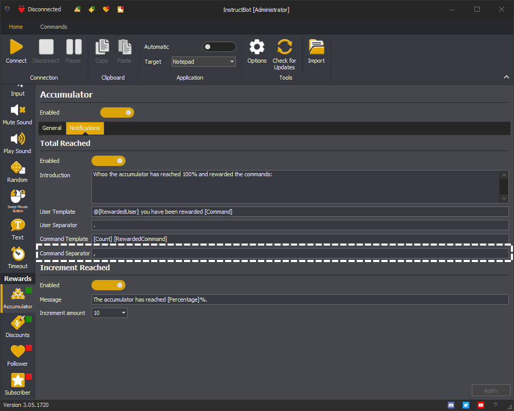 Example showing the total reached notification command separator for the accumulator in InstructBot.