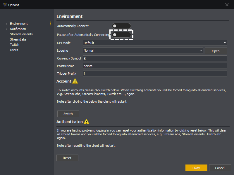 InstructBot options showing how to pause after automatically connecting.