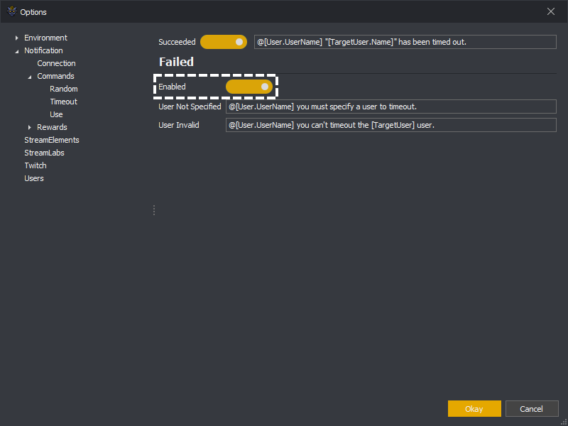 InstructBot options showing the timeout command failed notification toggle button.