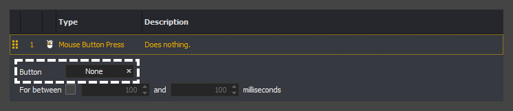 The input command action editor showing how to select the button textbox for a mouse button press action in InstructBot.