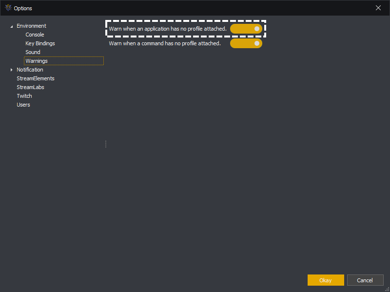 InstructBot options showing application profile warning.