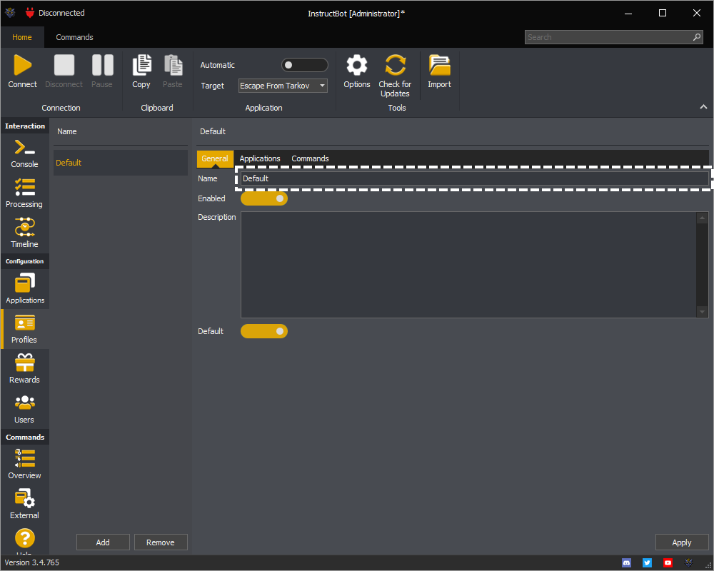 Showing the name input of a profile in InstructBot