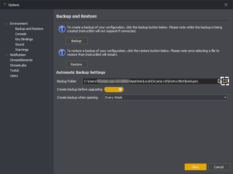 The open automatic backup folder button in the options in InstructBot
