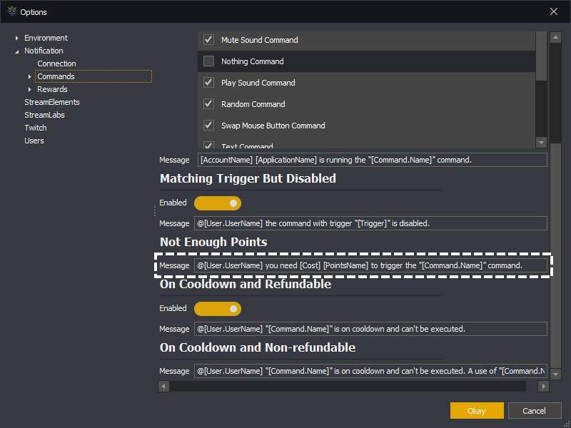 InstructBot options showing the not enough points message template.