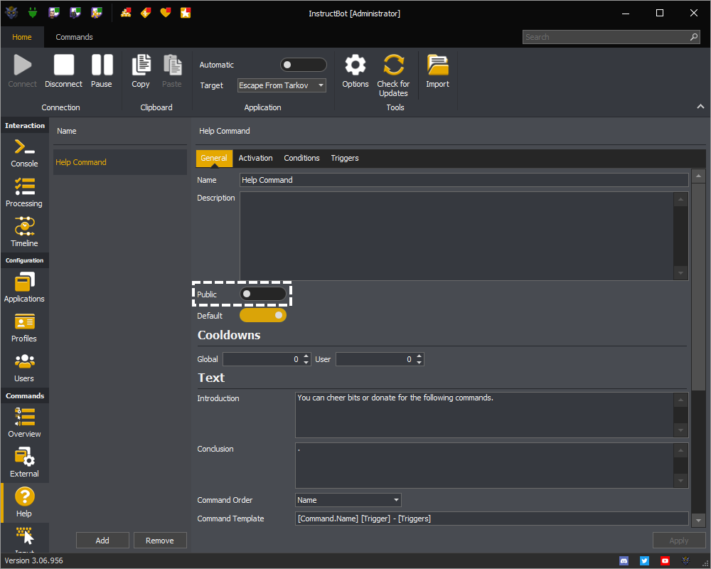 InstructBot showing the public toggle button of a command.