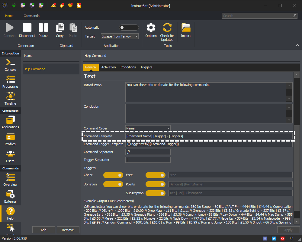 InstructBot showing command template of a help command.