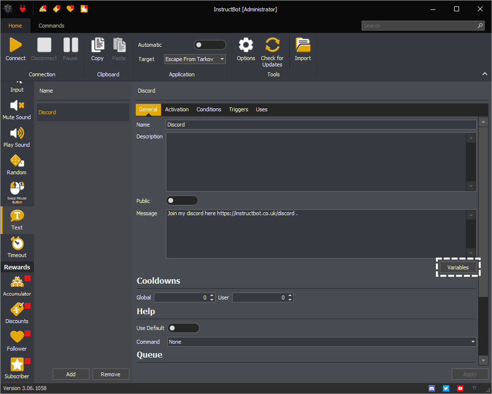 InstructBot message variables of the command.