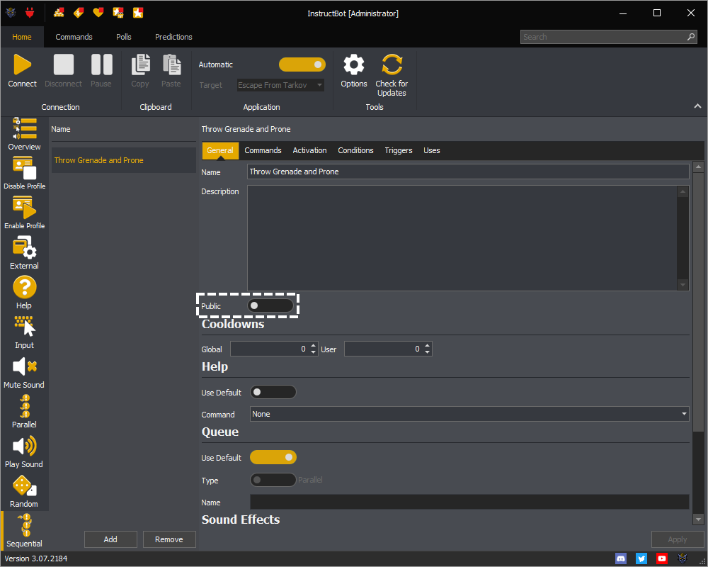 InstructBot showing the public toggle button of a command.