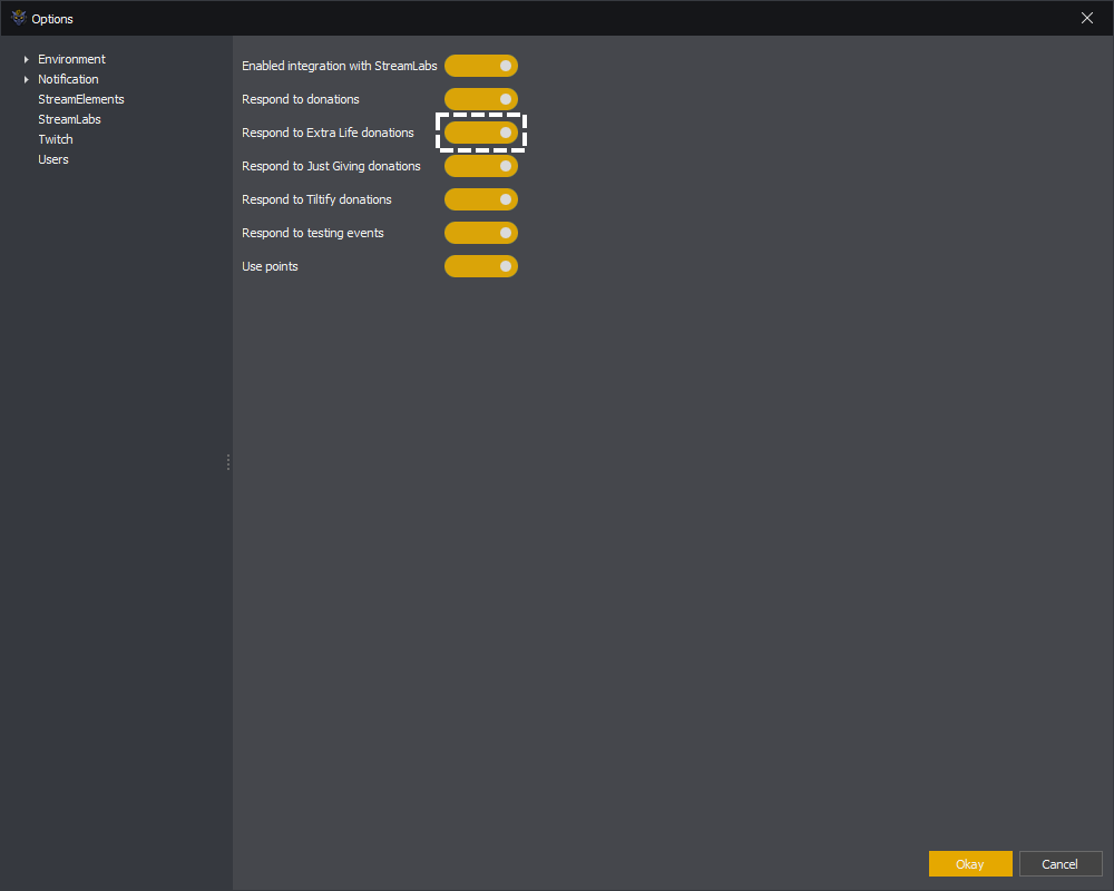 InstructBot options showing how to enable respond to Extra Life donation events from StreamLabs.