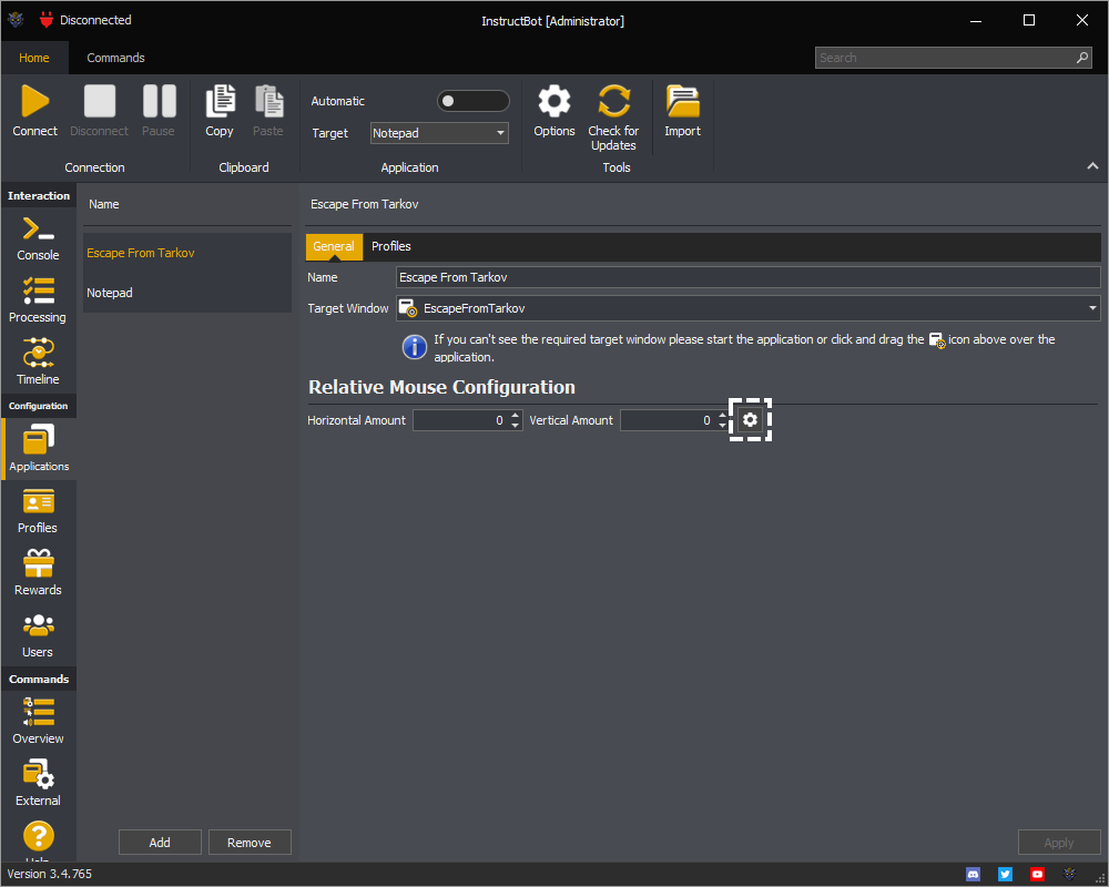 InstructBot applications window showing an example of how to open the mouse configuration window.