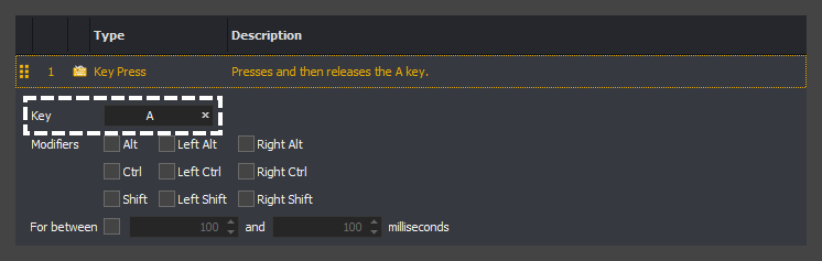 The input command action editor showing the A key selected for a key press action in InstructBot.