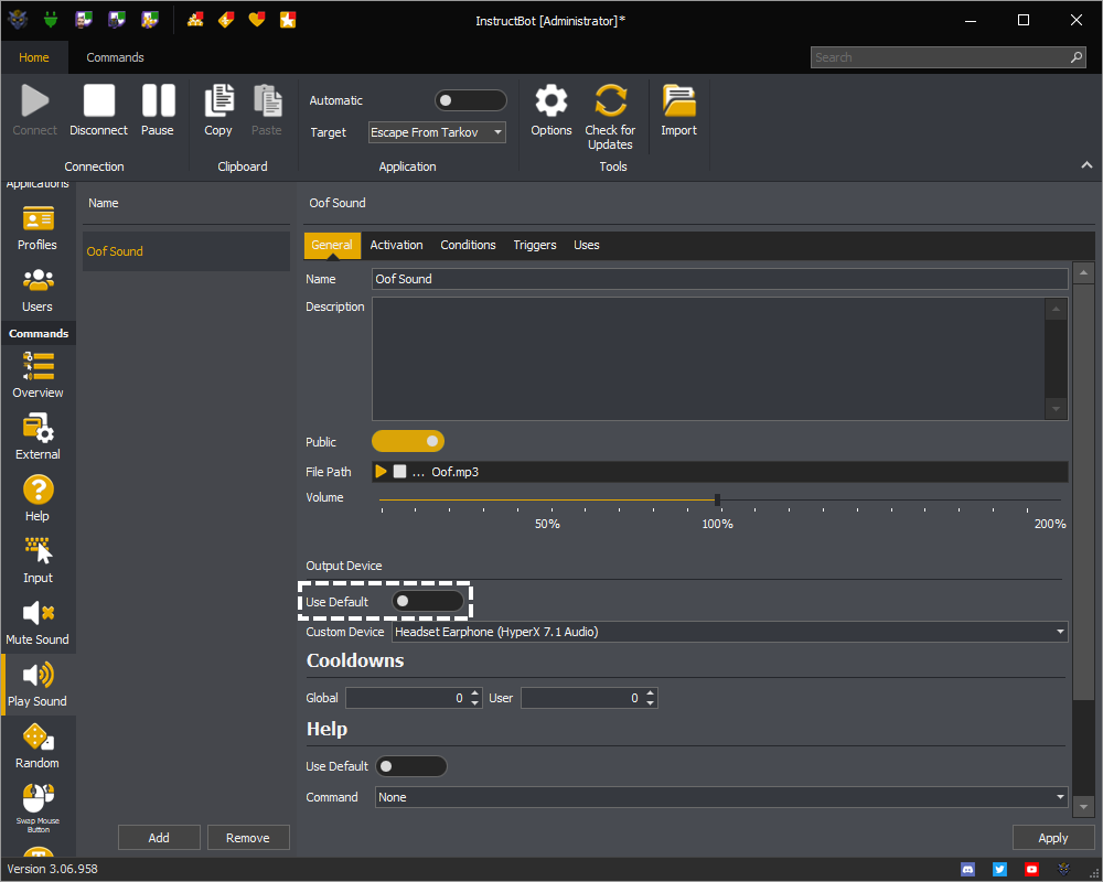 InstructBot showing the output device use default toggle button of a play sound command.