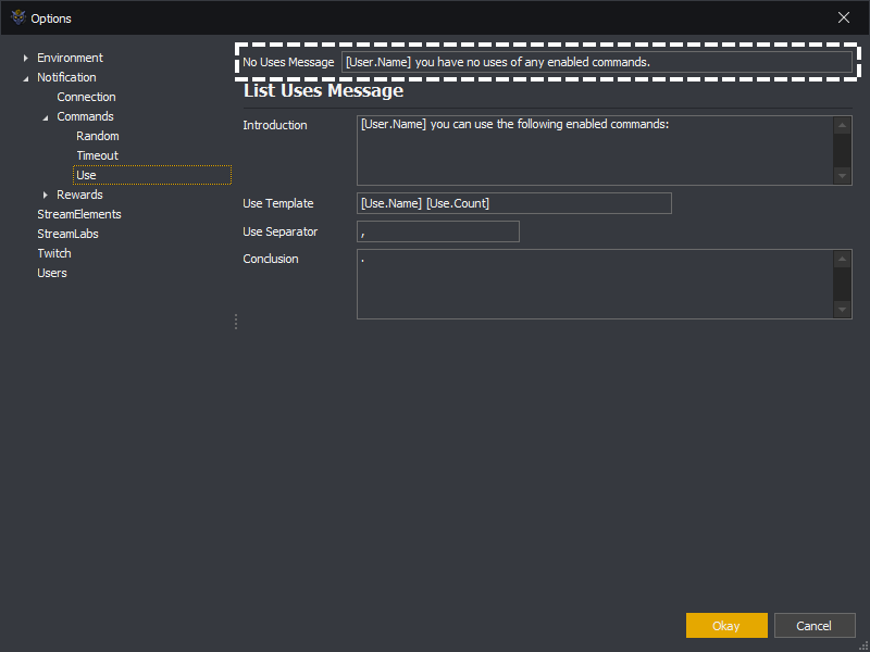 InstructBot options showing the uses command no uses message template.