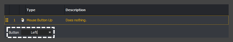 The input command action editor showing the Left button selected for a mouse button up action in InstructBot.