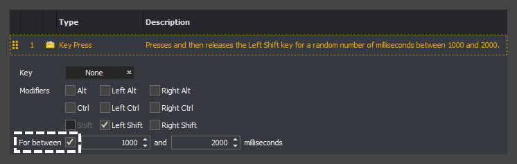 An example showing the how to enable a key press action over a duration for an input command in InstructBot.