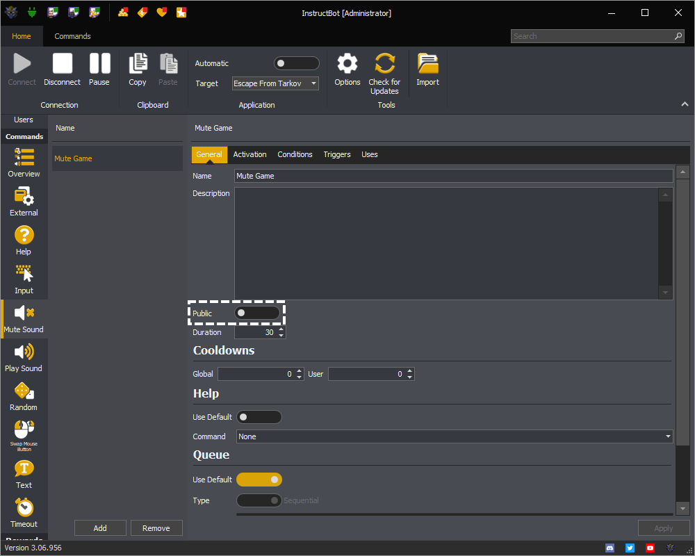 InstructBot showing the public toggle button of a command.