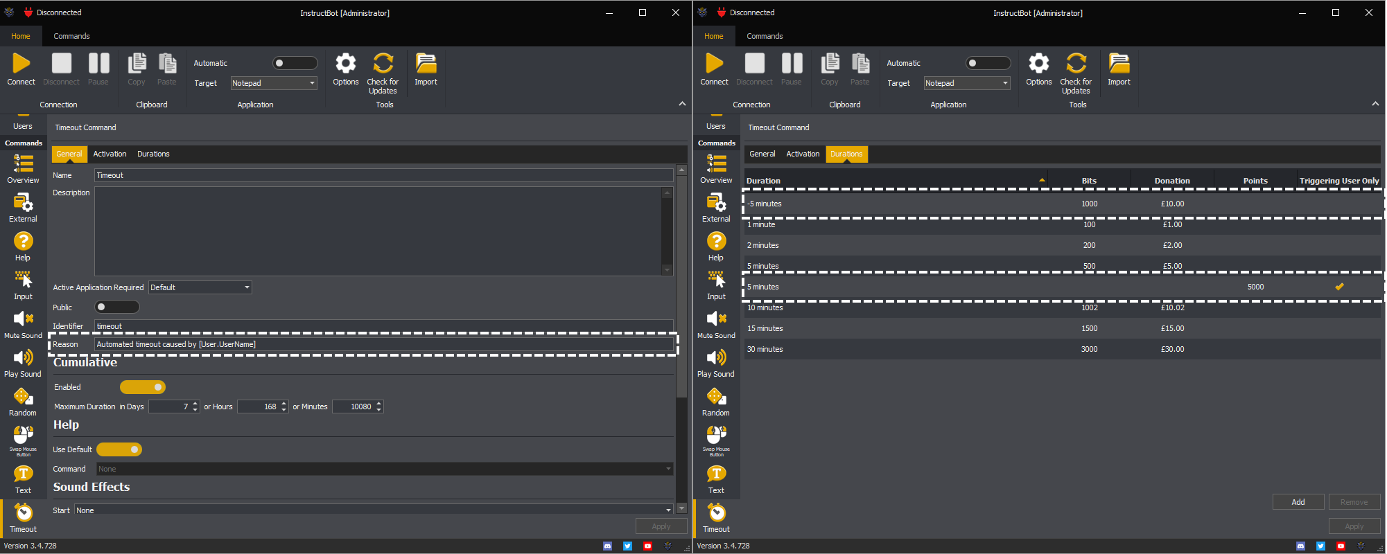 Shows changes to the timeout command in version 3.4 of InstructBot.