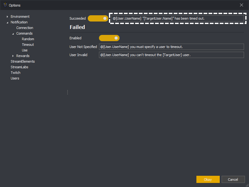 InstructBot options showing the timeout command succeeded message template.