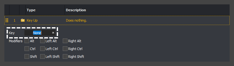 The input command action editor showing how to select the key textbox for a key up action in InstructBot.