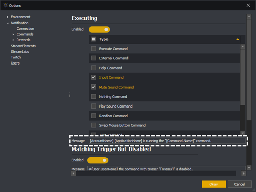 InstructBot options showing the command notification template.