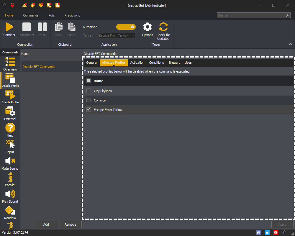 InstructBot showing the profile affected by the command.