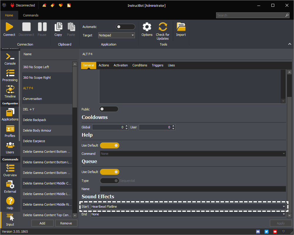 InstructBot showing the play sound command run when a command is triggered.