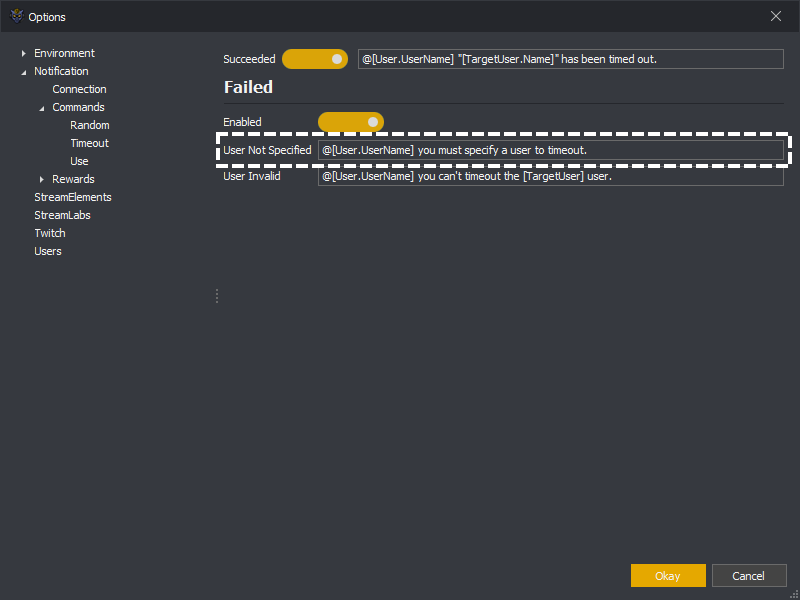 InstructBot options showing the timeout command failed notification when a user is not specified.