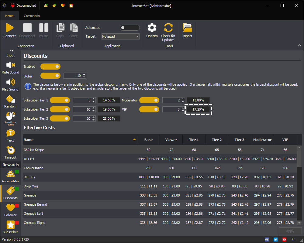 InstructBot rewards screen showing an example of the effective VIP discount percentages.