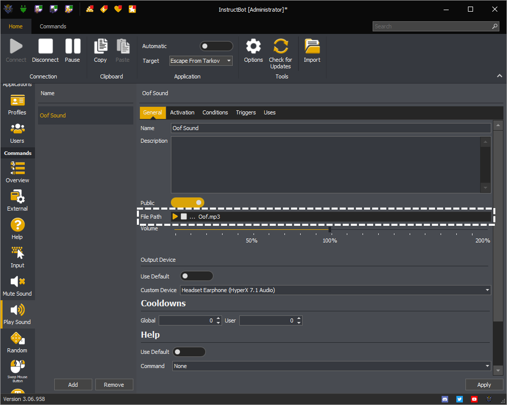 InstructBot showing the file path of a play sound command.