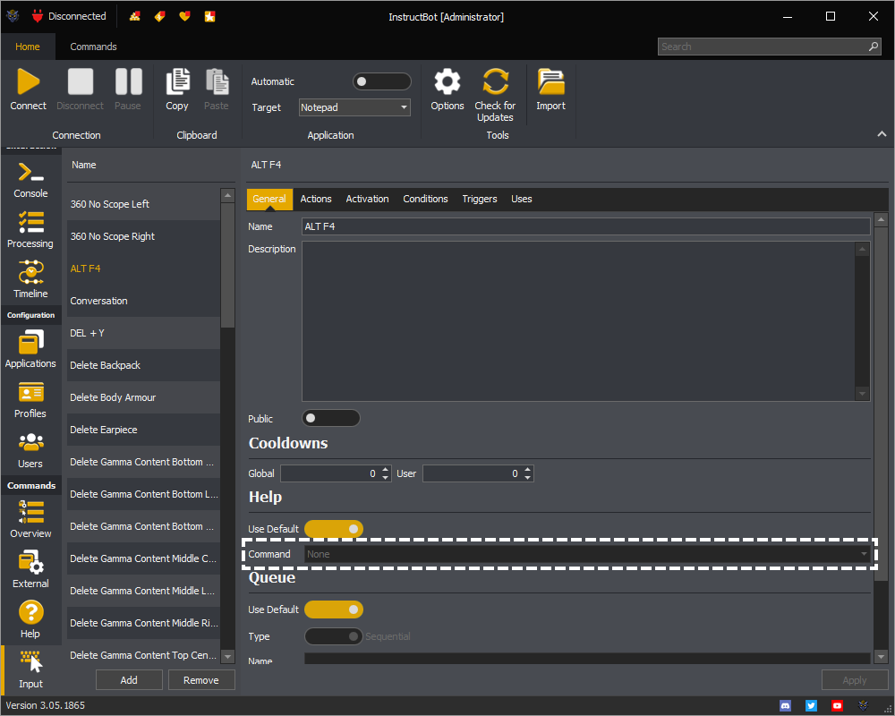 An example showing the help command selection drop down in the help section of a command in InstructBot.