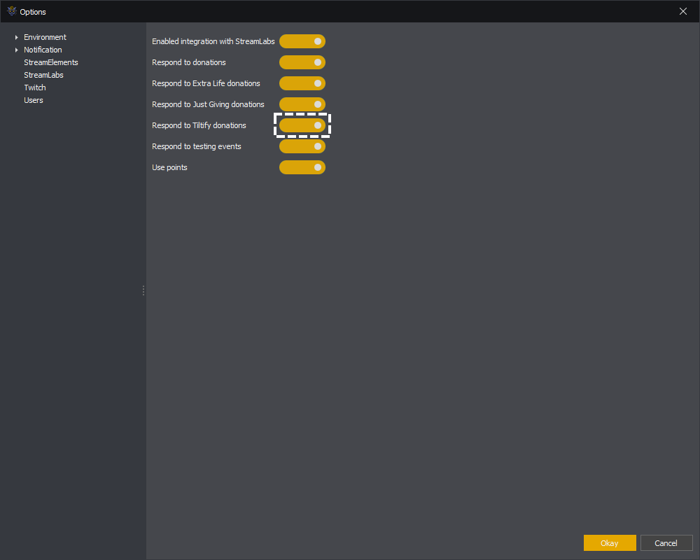 InstructBot options showing how to enable respond to Tiltify donation events from StreamLabs.