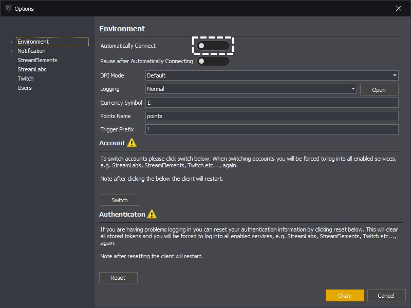 InstructBot options showing how to turn automatic connection on.