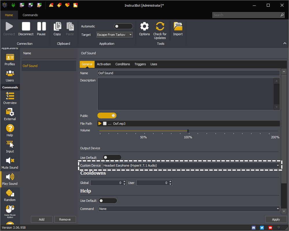 InstructBot showing the custom output device setting of a play sound command.