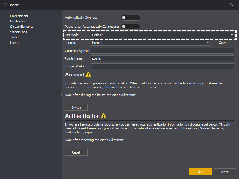 Example of changing the DPI mode of InstructBot in the options.