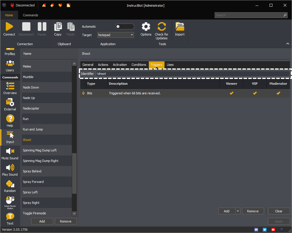 InstructBot showing how to assign the identifier for the triggers.